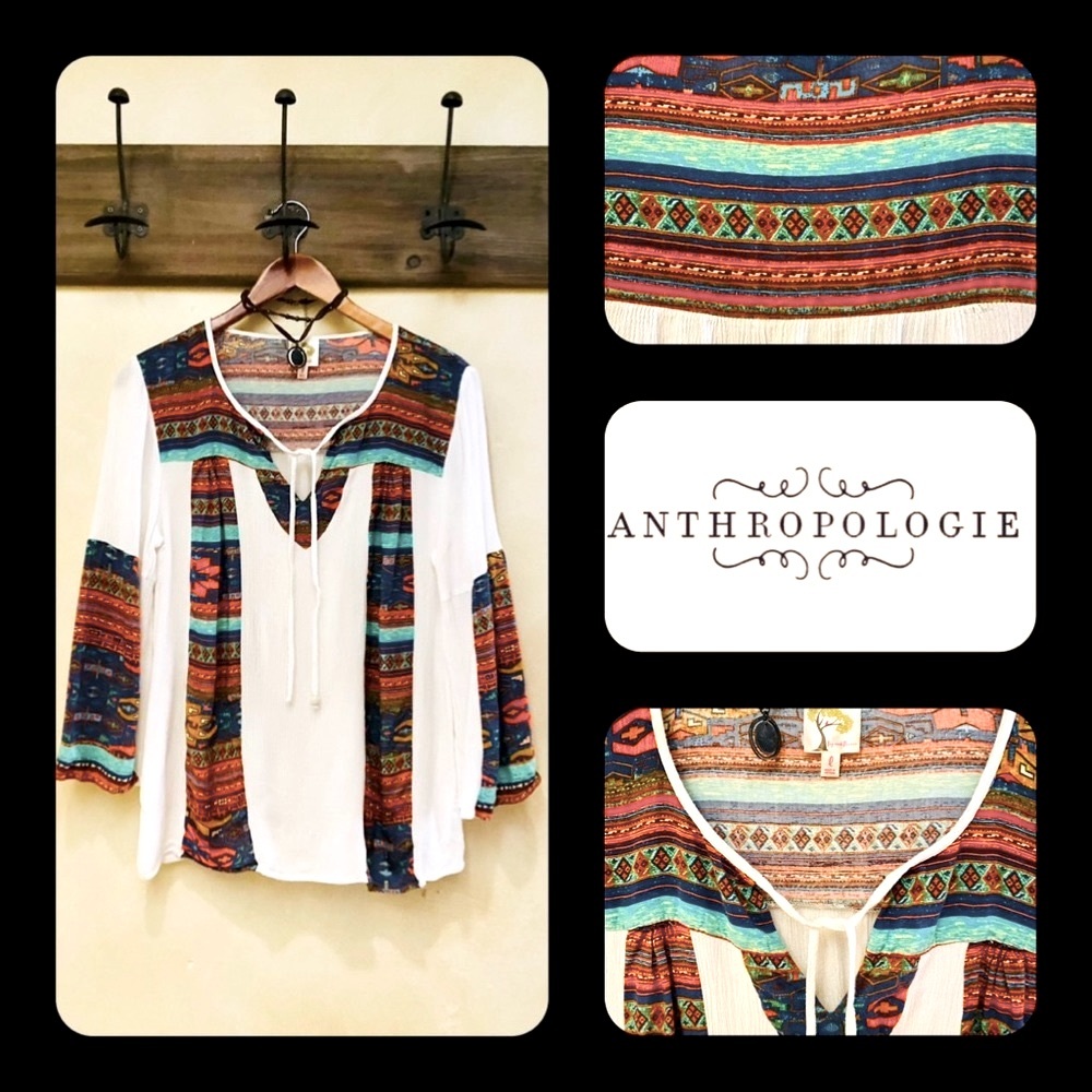 🪶3/$50 ANTHROPOLOGIE Fig & Flower Gauze Aztec Bell-Sleeve Keyhole Tie Blouse-L